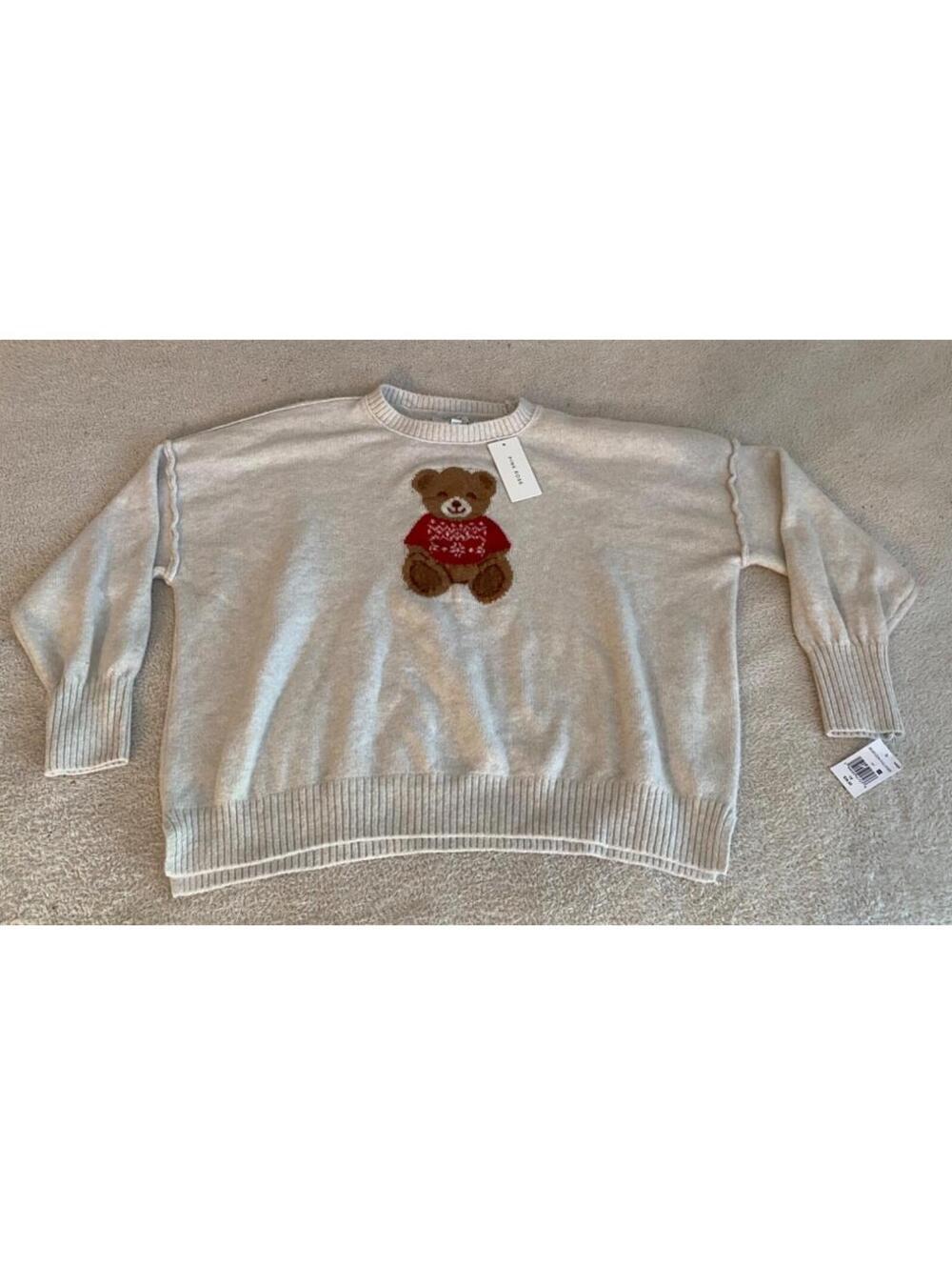 NWT Pink Rose Teddy Bear Cream Crewneck Sweater Womens 1X NEW Bear Icon Pullover